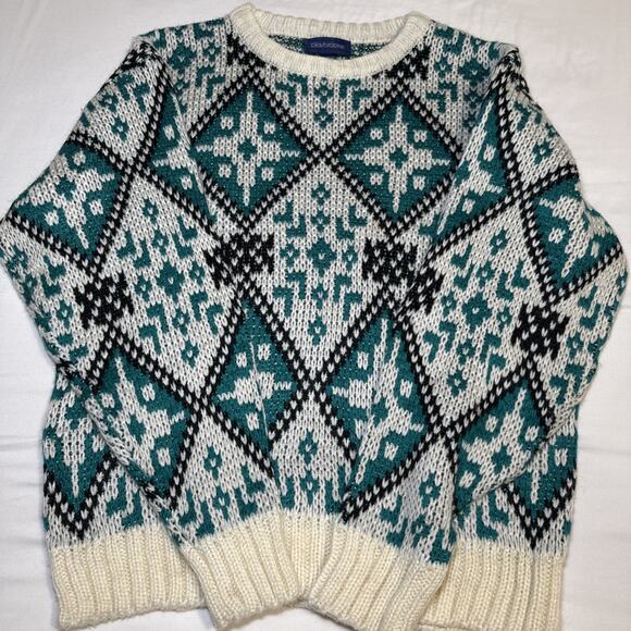 VTG Claybrooke Unisex Medium Sweater Cream Teal Navy Chunky Knit Long Sleeve - Picture 10 of 13